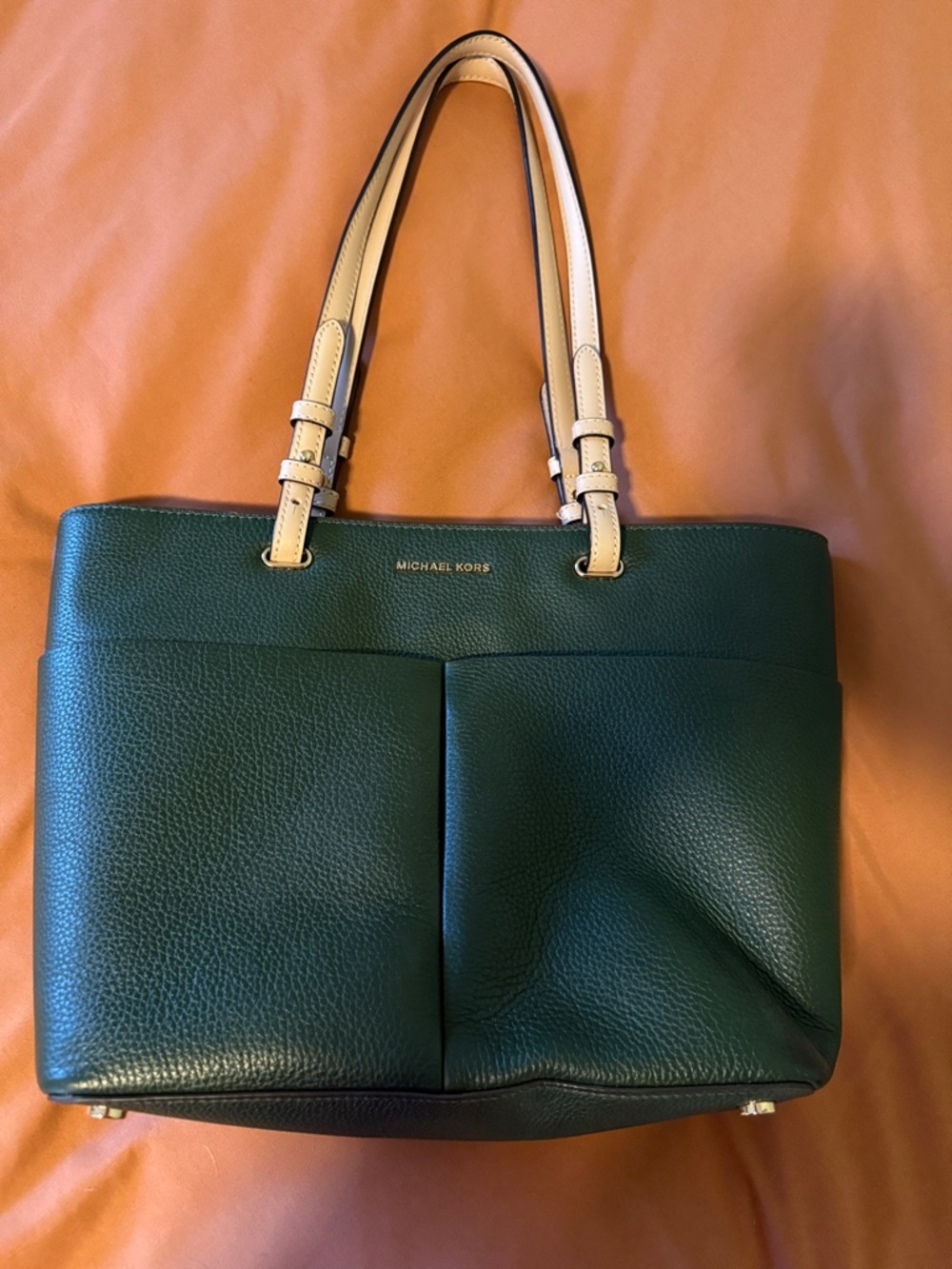 Michael Kors Forest Green Pebbled Leather Tote with Cream Straps